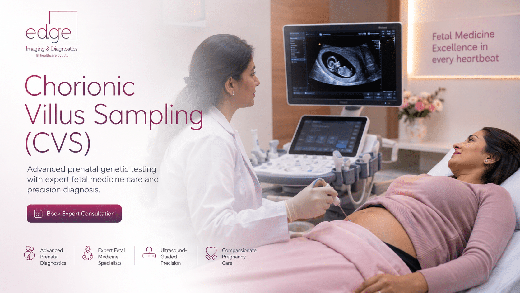 CVS test in pregnancy (Chorionic Villus Sampling) being performed under ultrasound guidance at Edge Imaging, Delhi