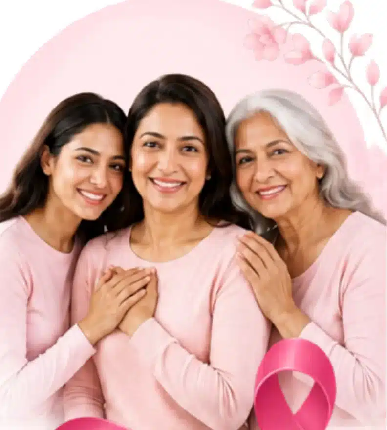 Three women of different ages smiling together, representing breast health screening for women of all ages