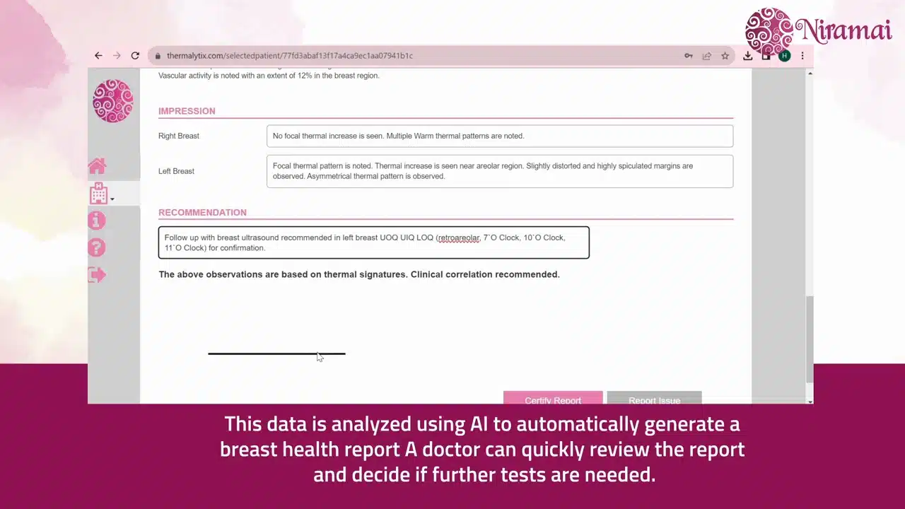 Sample Thermalytix breast health report showing the impression and a follow-up ultrasound recommendation
