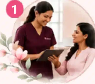 Female technician explaining the breast screening test to a woman